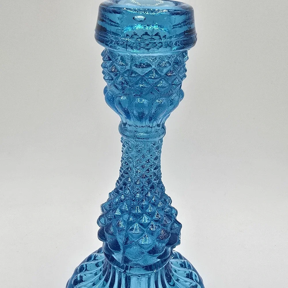 Blue Diamond Point Cut Taper Candle Holder Hobnail Vtg Cottagecore